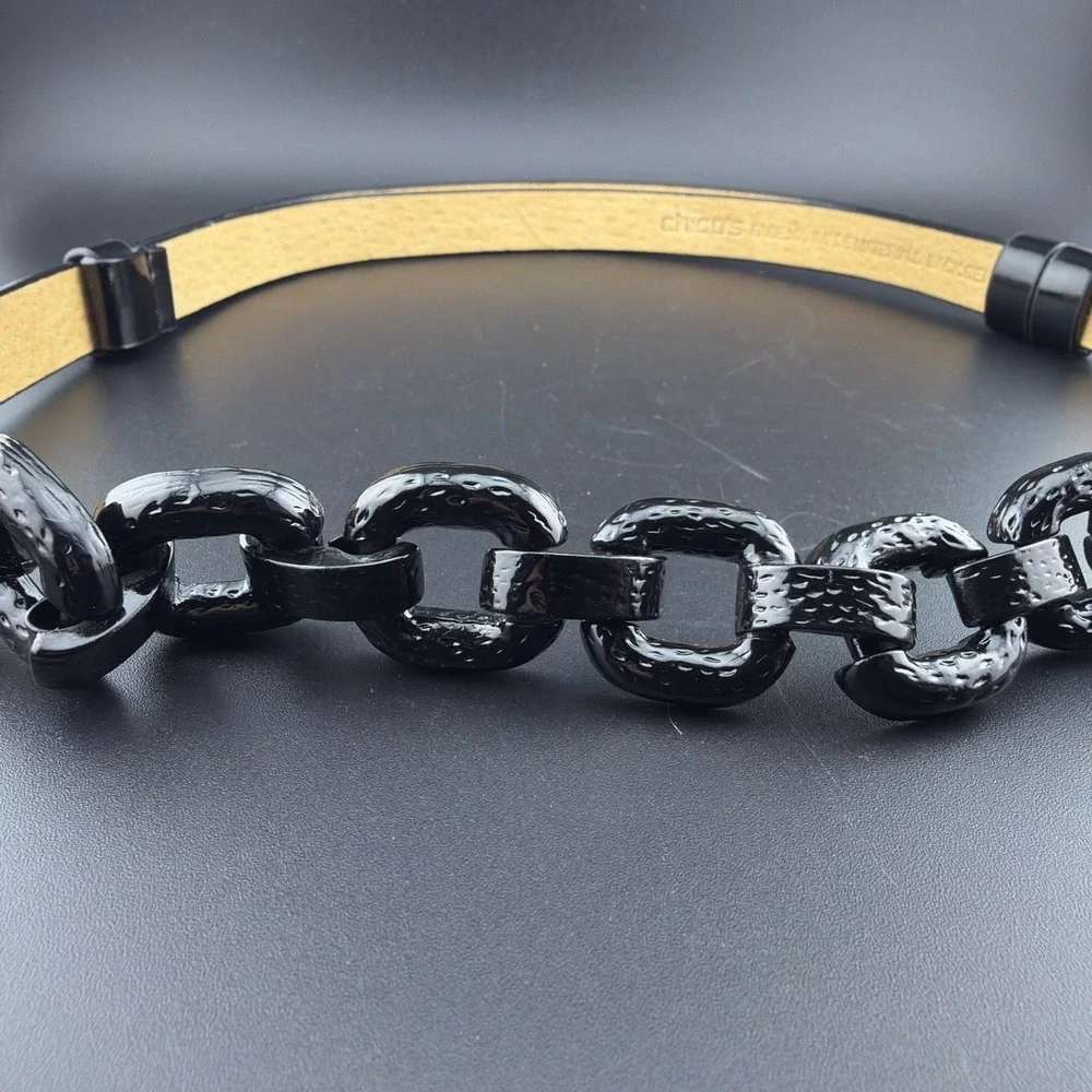 Chicos Belt Size S/M Black Chain Link Black Adjustable‎ Hook Close Leather Back